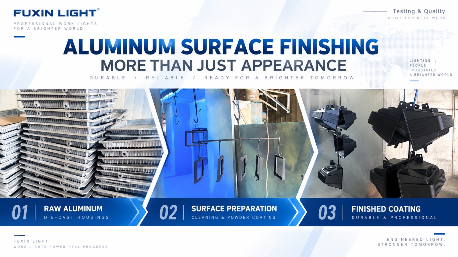 Aluminum work light housing surface-finishing process from raw casting to finished powder coating