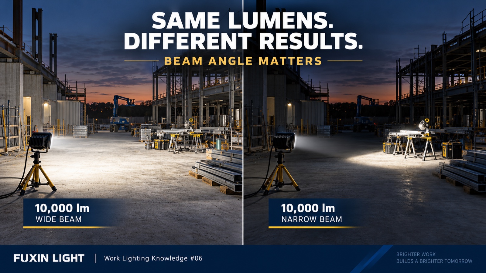 Split-screen comparison of a 10,000 lumen wide beam and narrow beam professional work light at the same construction site