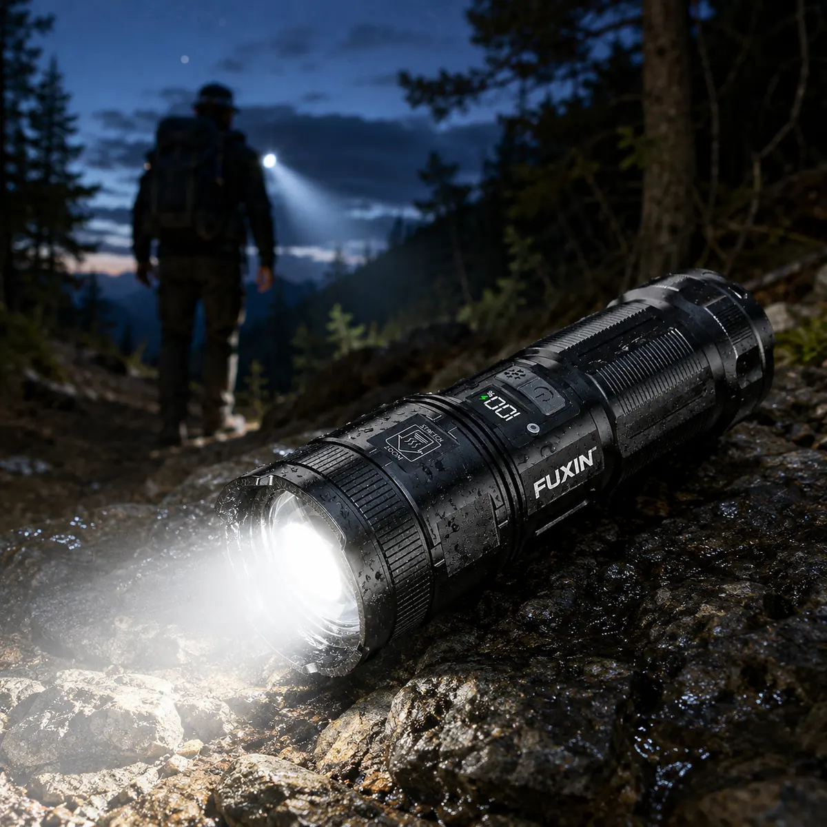 M60 rechargeable flashlight used outdoors at night