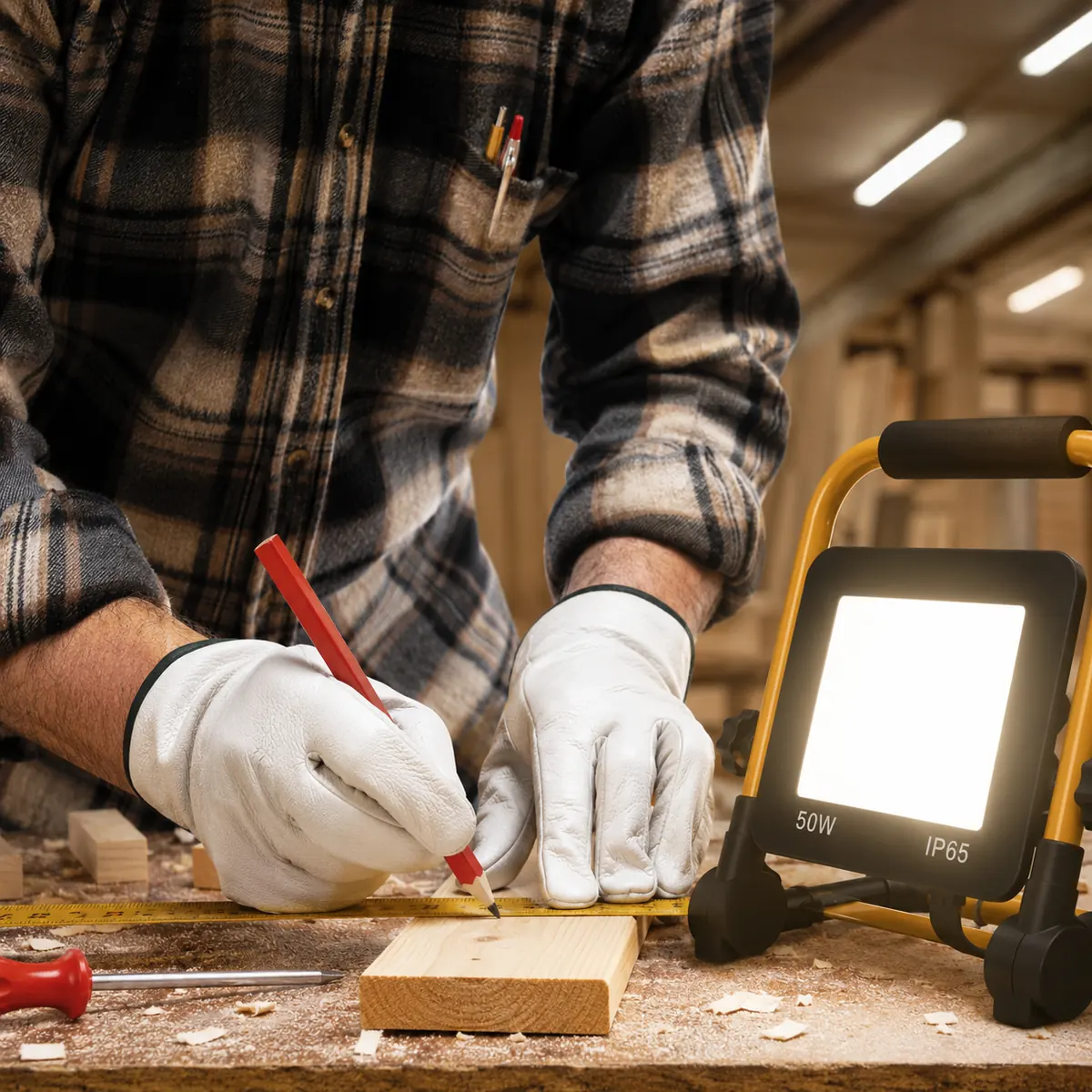Foldable work light used for woodworking and workshop tasks