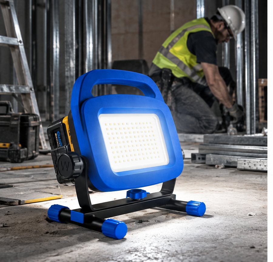 FX-PT power tool battery work light illuminating an indoor construction site