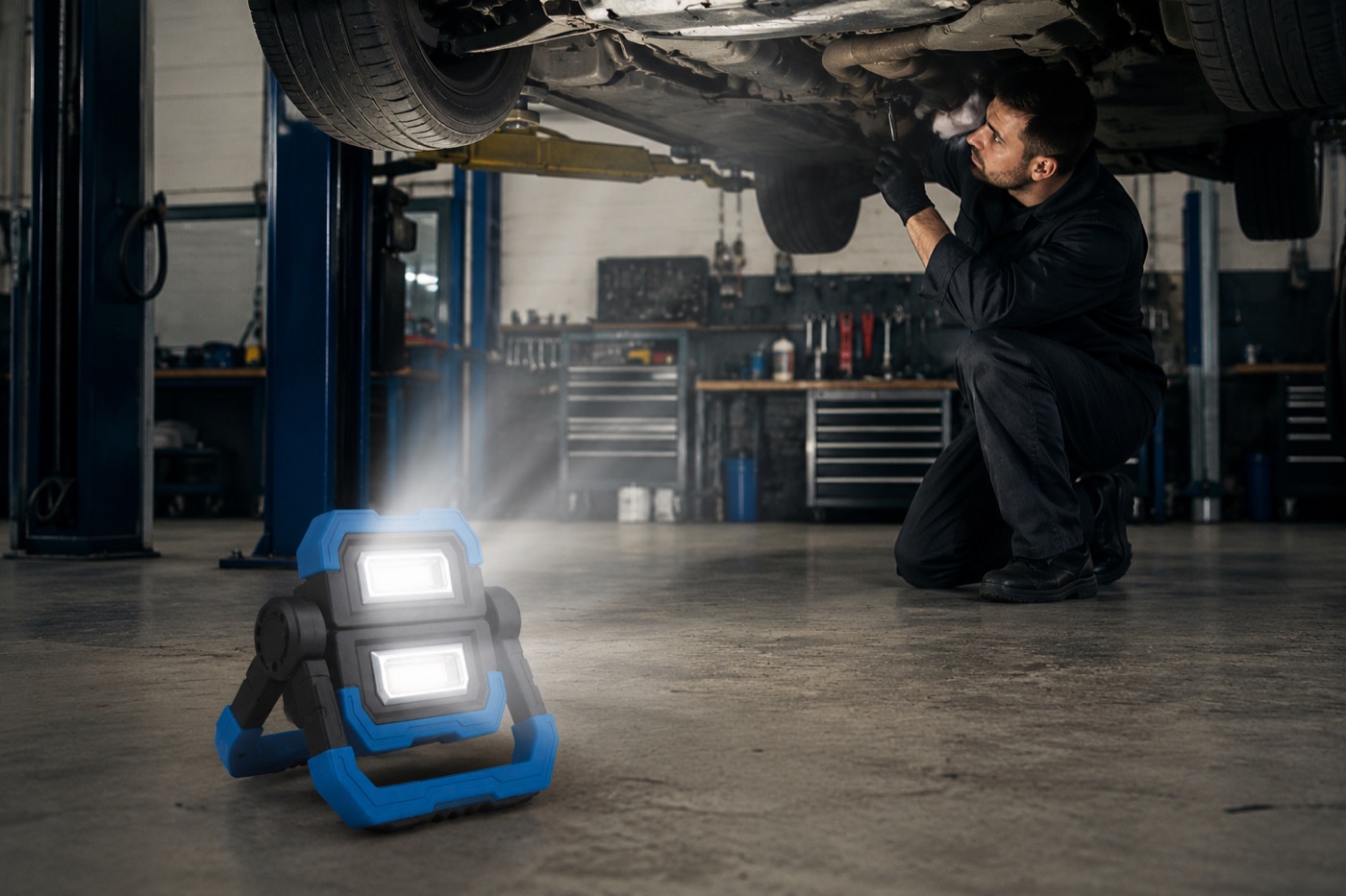 FX-WL016 portable rechargeable LED work light used during automotive maintenance