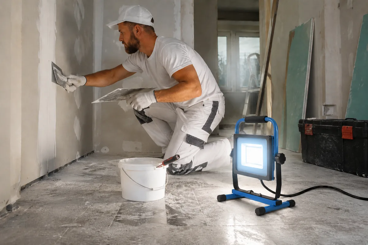 Blue H-Type portable work light used for indoor construction work