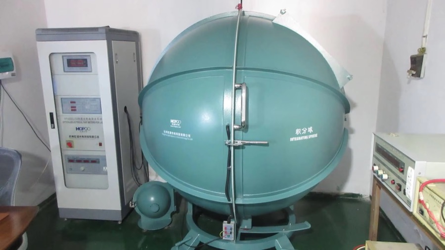 Integrating sphere used for final photometric inspection before shipment