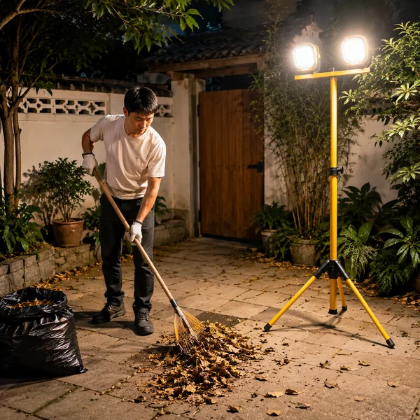 Rechargeable work light used for outdoor yard cleaning and temporary lighting