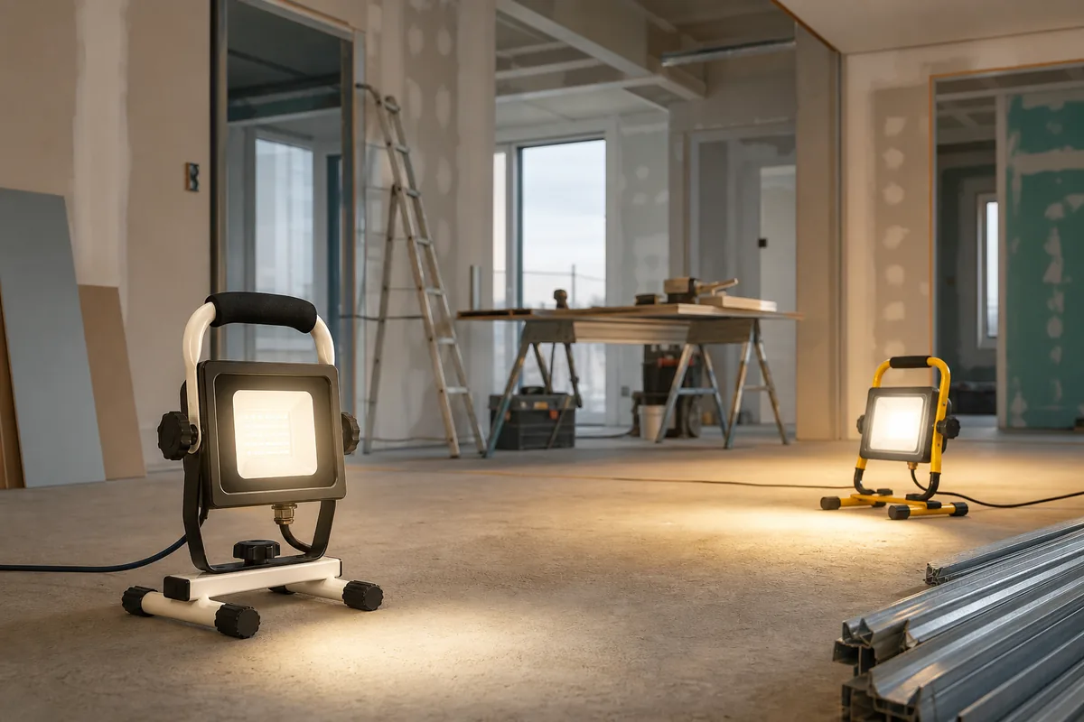 Professional portable work lights illuminating a general construction worksite