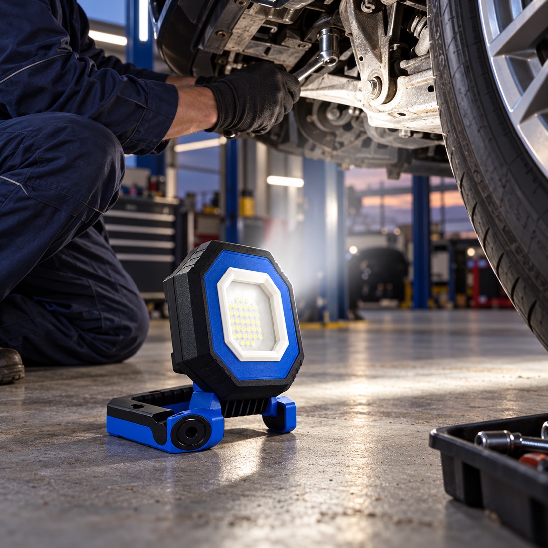 10618 950lm rechargeable work light illuminating an automotive repair task