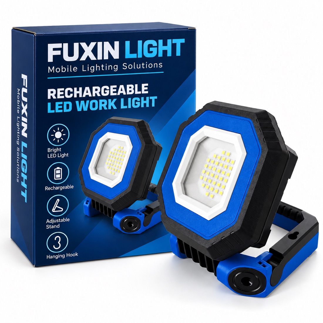 FUXIN LIGHT branded packaging presentation for the 10618 950lm rechargeable work light