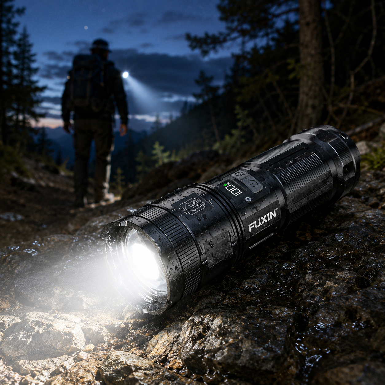 M60 rechargeable flashlight used outdoors at night